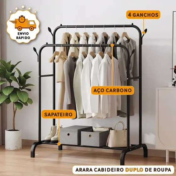 Arara De Roupas Cabideiro Para Mostruário Loja Closet Multiuso De Chão Com Sapateira