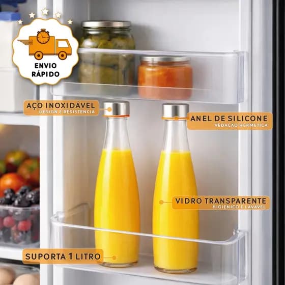 Jogo Garrafas De Vidro Redondo Geladeira Suco Laranja Reutilizável Tampa Hermética De Aço Inoxidável