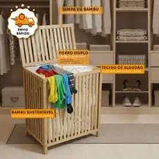 Cesto De Roupa Suja Bambu Ripado Tampa Natural Com Forro Duplo Removível Lavável