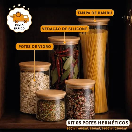 Kit 5 Potes Herméticos Vidro Tampa Bambu Condimentos Organizador Temperos Alimentos Porta Mantimento
