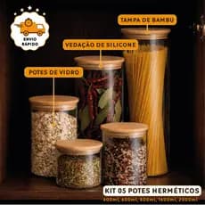 Kit 5 Potes Herméticos Vidro Tampa Bambu Condimentos Organizador Temperos Alimentos Porta Mantimento