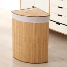 Cesto De Roupas Sujas Triangular Dobrável Bambu Forro Grande Organizador Tampa Banheiro Lavanderia