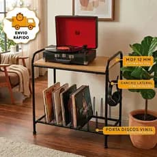Rack de Vitrola Retro MDF Porta Discos Vinil Aço com Gancho Lateral Vintage de Fone Ouvido