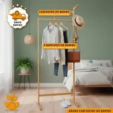 Cabideiro Mancebo De Chão Em Bambu Arara Organizador De Roupas Closet Expositor Com Ganchos