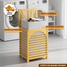 Cesto De Roupa Suja Bambu Ripado Com Tampa Forro Removível Lavável Lavanderia