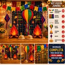Kit Festa Junina Completa Decoração arraial São João Bandeirinhas Balão Fogueira Chapéu Cortina metalizada