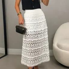 Saia Longa Tricot Moda Boho Luxo Rendada Ponto Crochê Com Forro Premium