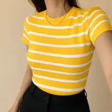 Blusa Feminina Listrada Tricot Brasil Gola Redonda Elegante Look Brasil Copa 2026