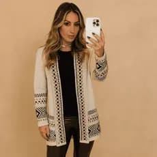 Cardigan Kinomo Tricot Feminino Quadriculado Casaco Teddy Manga Longa Aberto Elegante Australis Moda