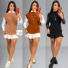 Colete Feminino Tricot Mulet Fenda Lateral Pullover Moda Luxo Australis Modas