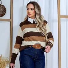Blusa Feminina de Frio Listrada de Tricot Lã Manga Longa Tricô Gola Redonda Lançamento Inverno
