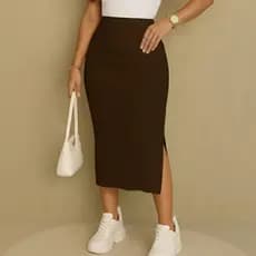 Saia Tricot Modal Cintura Alta Feminina Longa com Fenda Estilo Midi para o Verão, Elegante, Leve, Moda Feminina
