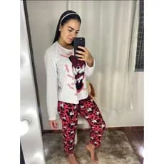 Pijama Feminino Manga Longa e Calça Comprida Em Malha De Personagens