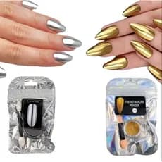 Kit 2 Pó Cromado Unhas Acrigel – Efeito Metálico Dourado e Prata, Chrome Nails, Nail Art Profissional