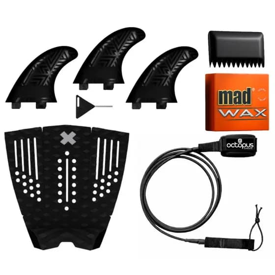 Deck Prancha Surf + Leash 6´ x 6,5mm + Jogo Quilhas Surf + Parafina+ Raspador