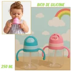 Garrafa Squeeze Garrafinha  Tampa Alça e Canudo em silicone Garrafa de água infantil 250 ml