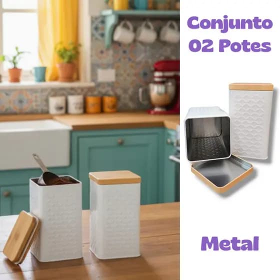 Latas Porta Mantimentos Pote e Tampa em Metal Decorativo Cozinha 02 Peças
