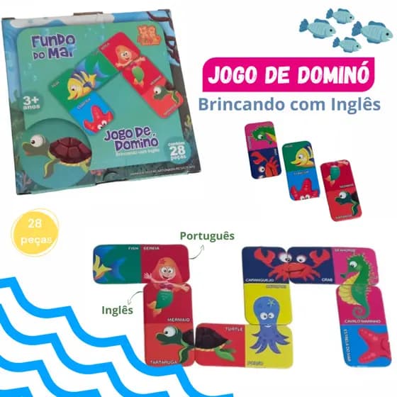 Brinquedo Jogo De Dominó Fundo do Mar 28 Peças Infantil Educativo Brincando com Inglês