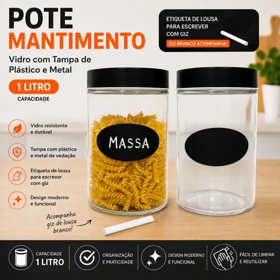 Pote de Vidro Pote Mantimento Organizador de Vidro 1L com Tampa Preta e Etiqueta Lousa + Giz Branco