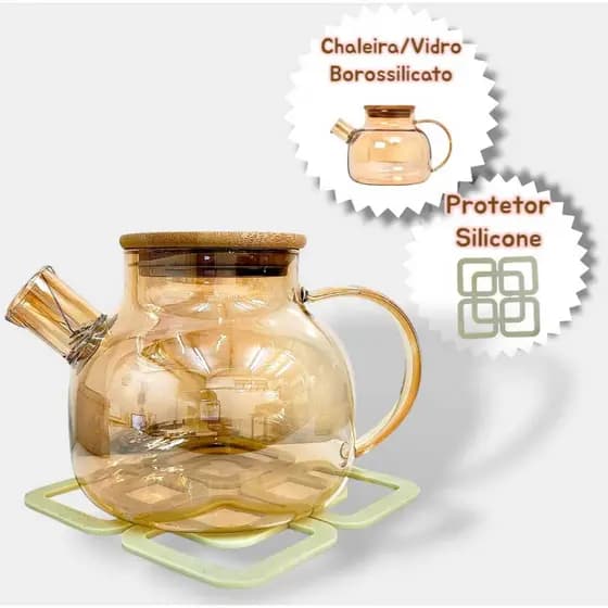 Chaleira de Vidro Tampa de Bambu Bule Filtro Mola Inox FrioQuente Ambar e Protetor Silicone