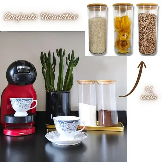 Conjunto 3 Potes Herméticos de Vidro 1L com Tampa de Bambu Mantimentos, Temperos, Alimentos
