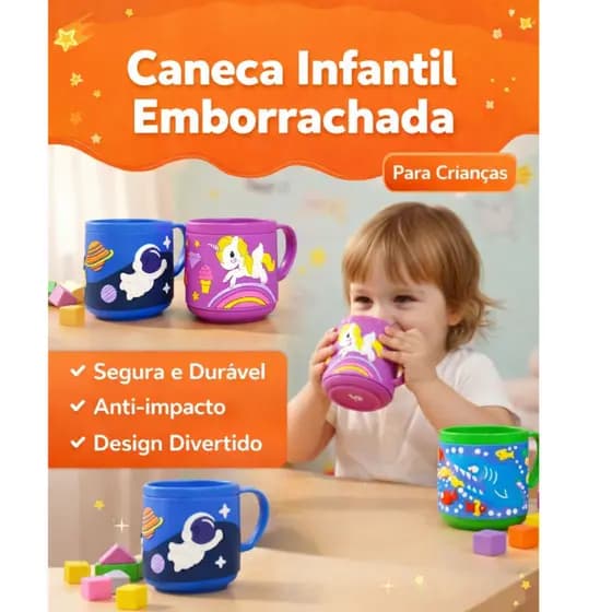 Caneca Infantil Emborrachada  220 ml -  Segura, Resistente Astronauta Tubarão Unicornio