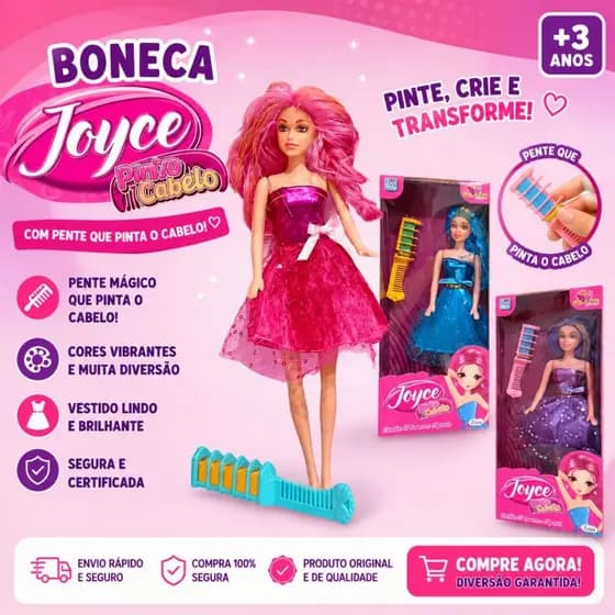 Boneca Joyce Pinta o Cabelo com Pente Mágico Brinquedo Infantil Menina