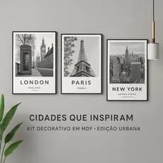 Kit 3 Quadros Decorativos Cidades Icônicas | Londres Paris Nova York | MDF Vinil Fosco – Quarto Sala