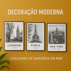 Kit 3 Placas | Londres Paris NY | Decorativas MDF Preto e Branco | – Estilo Moderno