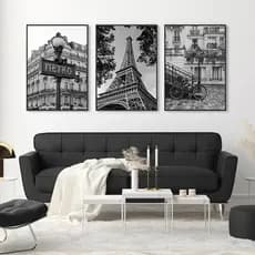 Kit 3 Quadros Decorativos Torre Eiffel de Paris França Preto Branco Parede de Escritório Sala Elegante