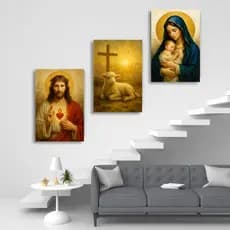 Kit 3 Quadros Religioso Decorativo em MDF –Católica de Alta Qualidade | Jesus Nossa Senhora Cordeiro
