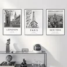 Kit 3 Quadros Decorativos Londres Paris Nova York Preto Branco Parede de Escritório Sala