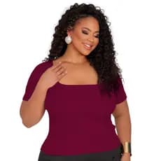 Blusa Canelada Plus Size Gola Quadrada com Manga Curta Blusinha Alta Elasticidade Plus Size Curve Premiergg ao g4