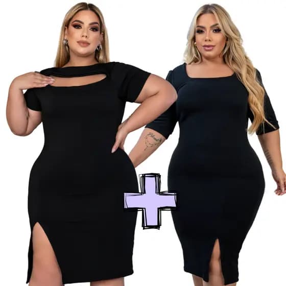 Kit 2 Vestidos Feminino Plus Size Fenda na Perna Detalhe no Busto/Ombro Forro Duplo Acinturado GG-G4