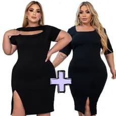 Kit 2 Vestidos Feminino Plus Size Fenda na Perna Detalhe no Busto/Ombro Forro Duplo Acinturado GG-G4