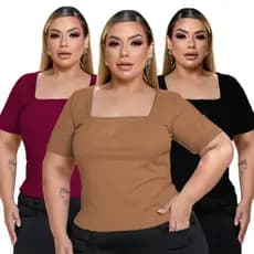 Blusa Ribana Canelada com Gola Quadrada e Manga Curta Blusinha Plus Size Básica Tendência GG ao G4