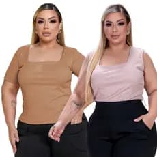Kit Blusinha + Regata Feminina Plus Size Ribana Malha Canelada Decote Quadrado Casual GG,G1,G2,G3,G4
