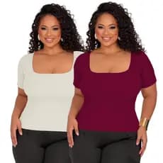 Kit 2 Blusas Feminina Plus Size Canelada Manga Curta Gola Quadrada Casual GG ao G4