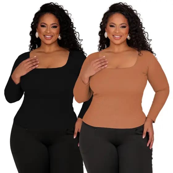 Kit 2 Blusas de Manga Longa de Frio Plus Size Canelada de Malha Ribana Quentinha GG ao G4