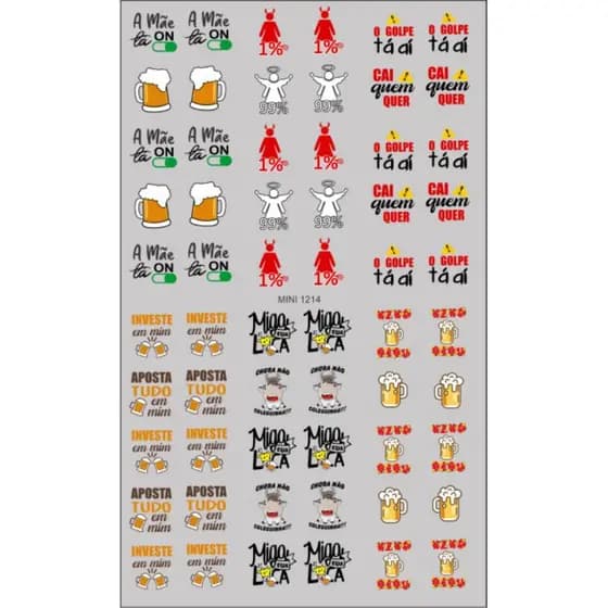 60 Adesivos de Unha 3D Cerveja PRÉ PRONTO - modelo MINI 1214