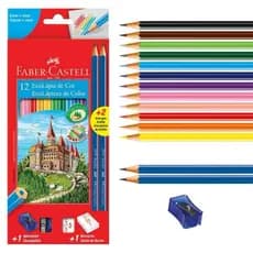 Lápis de Cor Faber Castell com 12 cores + apontador + borracha + 2 lápis (ou 1 lápis e 1 caneta)