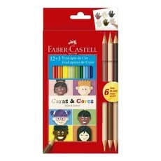 Lapis de Cor 12 Cores Faber-Castell + 3 lápis Bicolor Tons de Pele (6 Tons de Pele) Caras E Cores 15 lápis