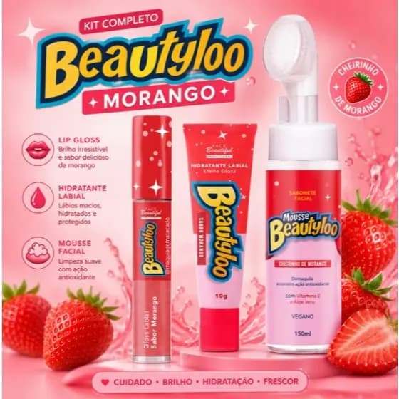 Kit Gloss Hidratante Labial e Mousse de Limpeza Facial Beautyloo Morango Uva e Tutti Fruti Sabonete