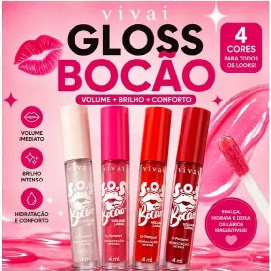 SOS Bocão Volume Labial Vivai - Lip Gloss Hidratante com Brilho e Volume