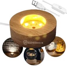Base De Madeira Com Led Luminária Exposição Usb Branco Morno 23220BRMO