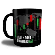 Caneca Trader Preta Personalizada com Nome Xícara Presente Investidor Buy Sell Candles Bolsa B3 BTC