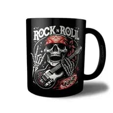 Caneca Preta Rock N Roll Caveira com Bandana Segurando Guitarra Mão com Chifrinho Presente Rockeiro