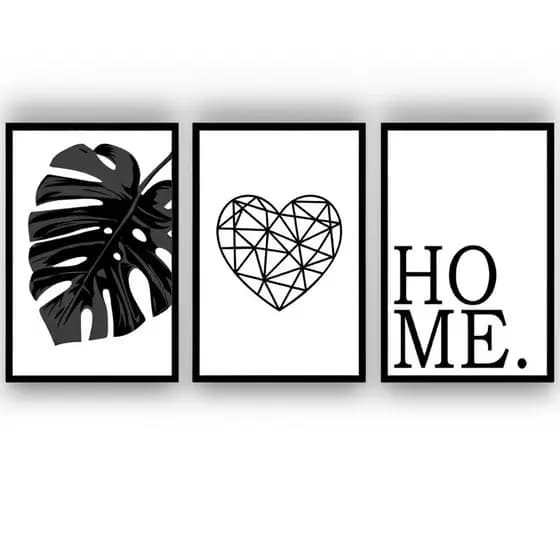 Kit 3 Quadros Folhagem Preto e Branco  Home Decoração De Casal preto branco Corredor Hall Moderno Trio Conjunto