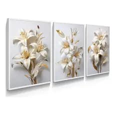 Kit 3 Quadros Lírio Branco Dourado Decorativo Casa Sala Hall