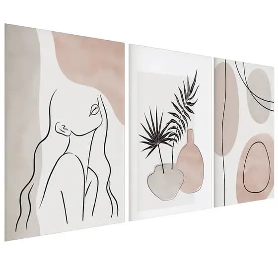 Trio Quadros Decorativos Abstrato Mulher Folhagem Sala Moderna